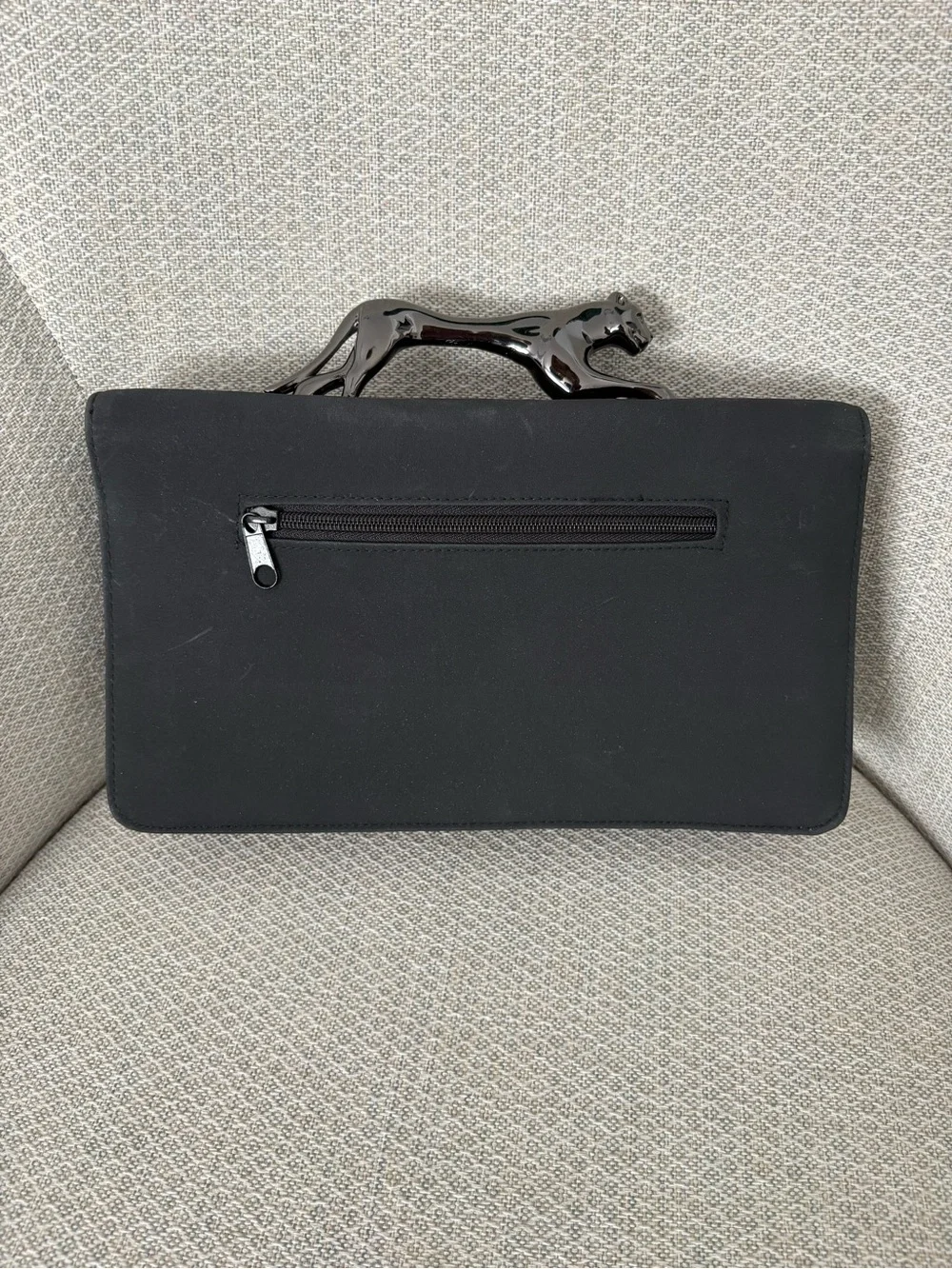 Vintage Black Envelope Clutch with Sculptural Panther Handle